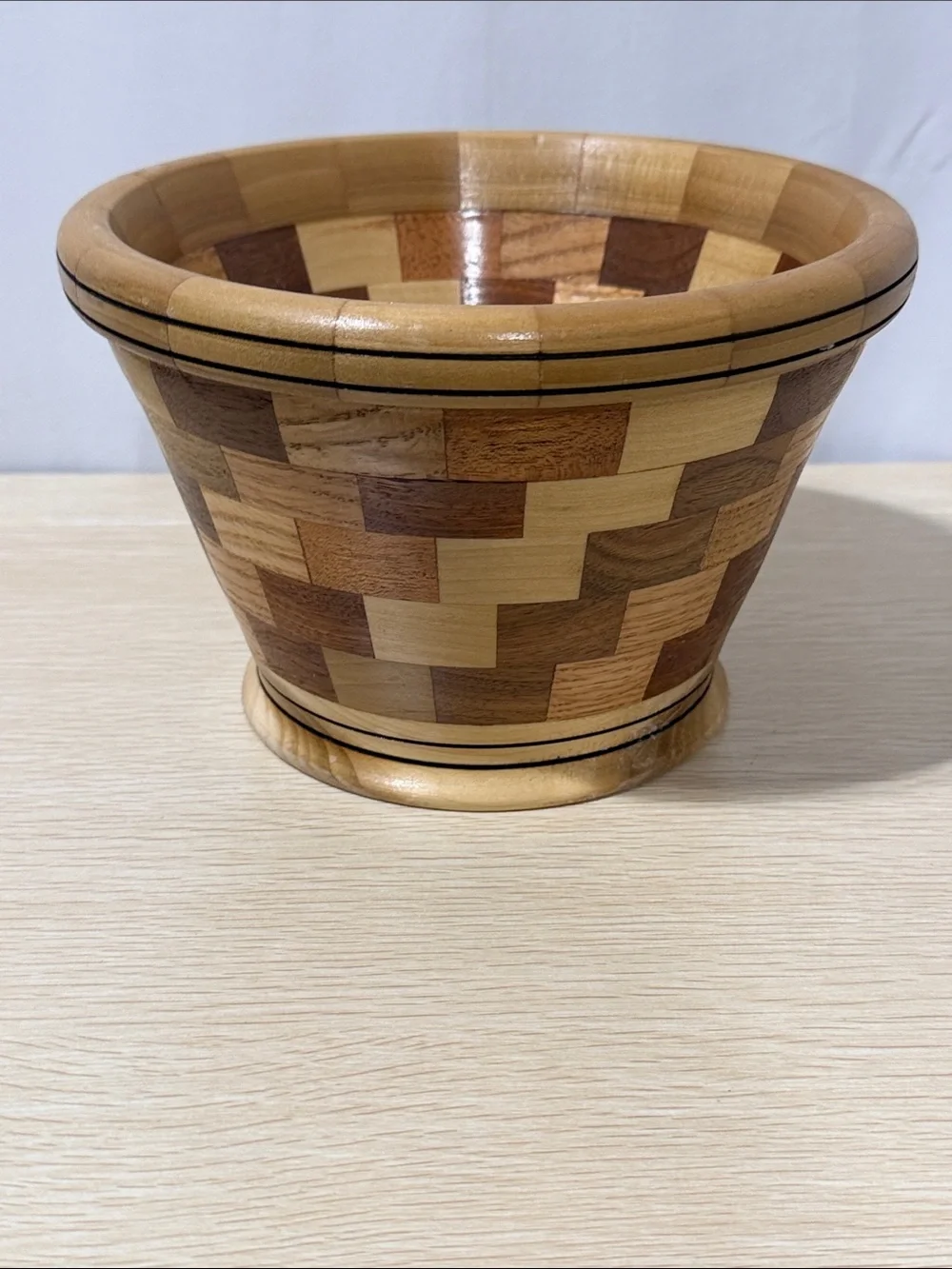 Handcrafted Two-Tone Wood Mosaic Bowl - Natural Brown